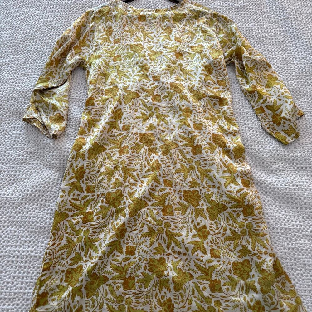 Boho Minimalist SILK Midi Dress Olive Gold Resortwear handmade M quietly luxury - Picture 7 of 8